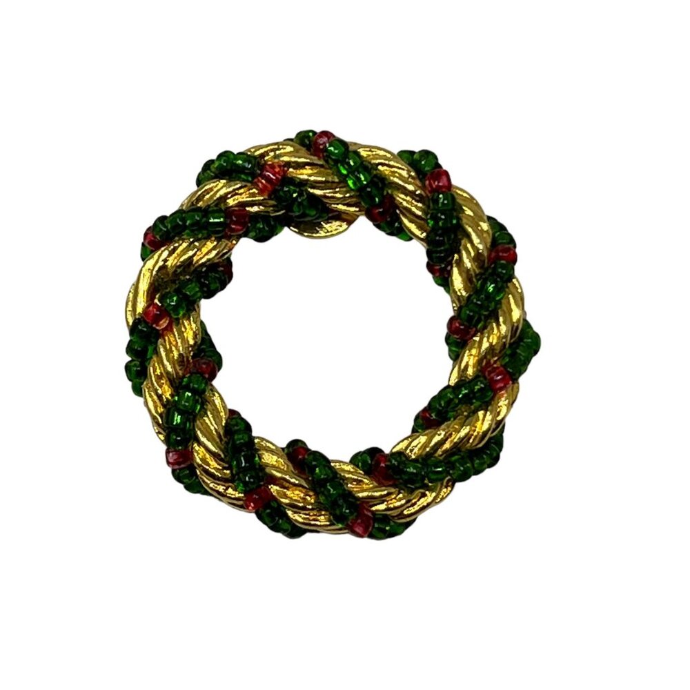 Christmas Wreath Brooch Tie Tack Gold Tone Red Green Seed Beads‎